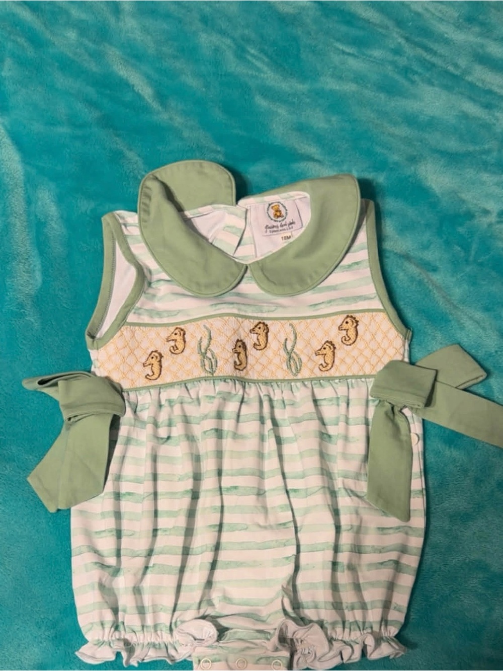 Baby Girls' Mint Green Striped One-Piece with Seahorse Smock Bubble